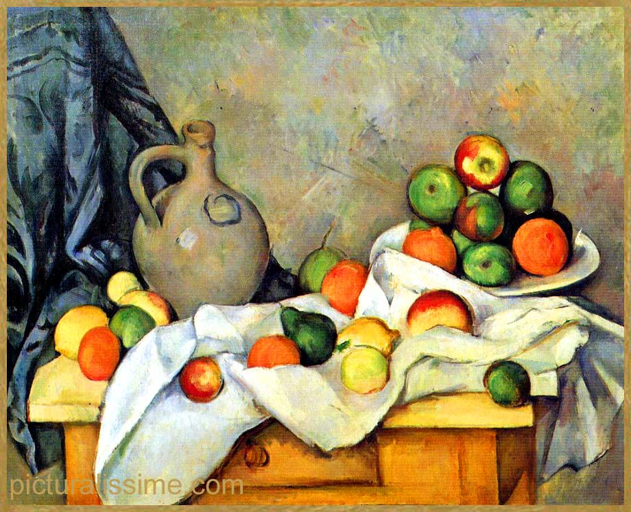 Copie Reproduction Cézanne rideau cruche fruits plat