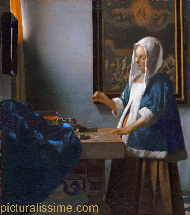 copie reproduction Vermeer La femme à la balance la peseuse d'or