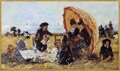 Boudin sur la plage à Trouville abritée par un parasol