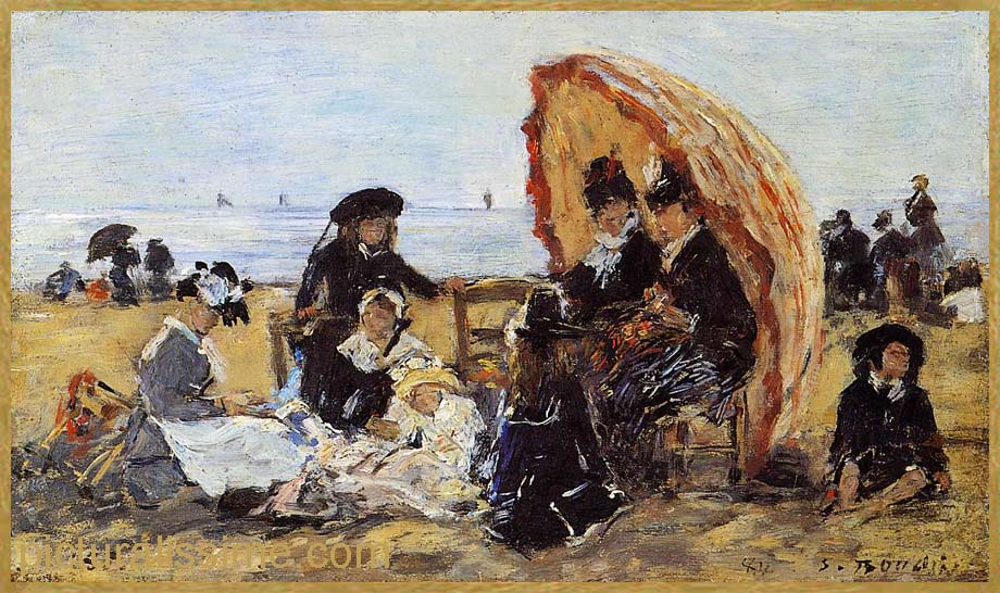 Copie Reproduction Boudin sur la plage etagrave; Trouville abritée par un parasol
