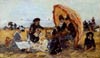 Boudin sur la plage à Trouville abritée par un parasol