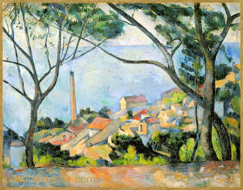 Copie Reproduction Cézanne La mer  l'Estaque derrire les arbres