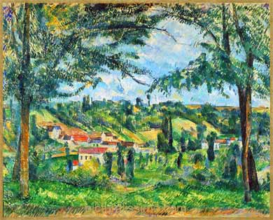 Cézanne Pontoise encadré par des arbres la vallée de l'Oise