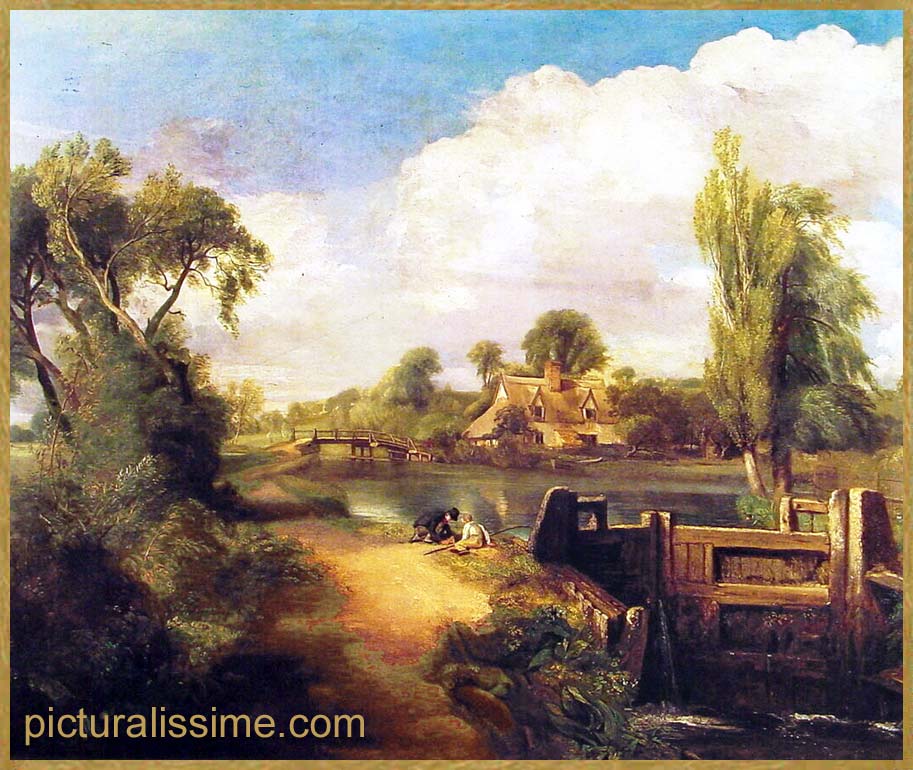 Copie Reproduction Constable Paysage Garons pêchant à la ligne