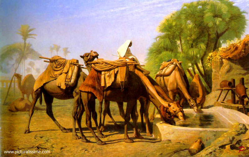 Copie Reproduction Jean Léon Gérôme Chameaux etagrave; la fontaine