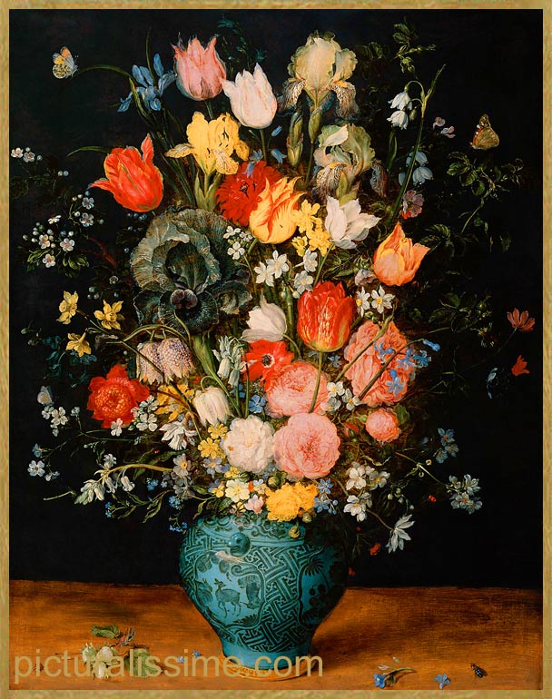 copie reproduction Bruegel Bouquet de fleurs vase bleu