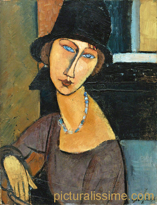 copie reproduction de Modigliani Jeanne Hebuterne Collier et Chapeau
