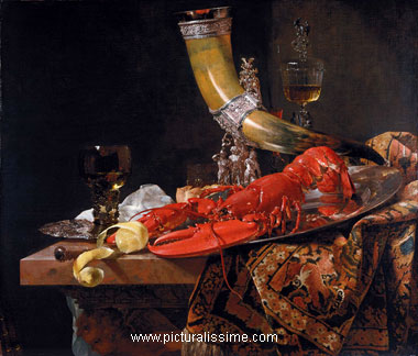 nature morte Kalf willem gobelet en corne et homard