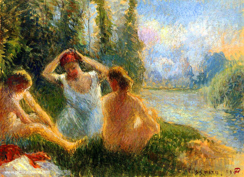 Copie Reproduction de Pissarro Baigneuse sur le bord de la rivière