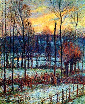 Camille Pissarro neige à éragny soleil couchant