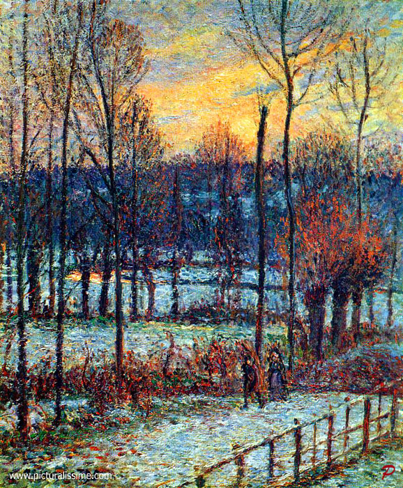 Copie Reproduction de Camille Pissarro Neige etagrave; éragny soleil couchant