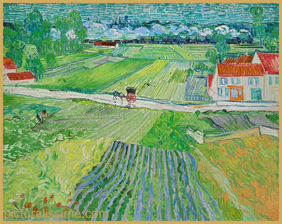 Copie Reproduction Van Gogh Paysage avec un Chariot et un Train dans le fond