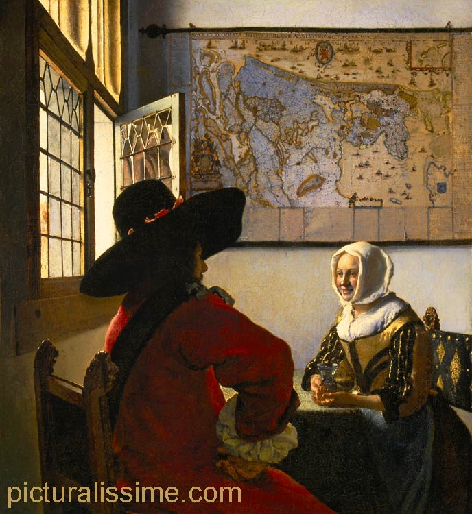 copie reproduction Vermeer Officier et jeune fille souriant